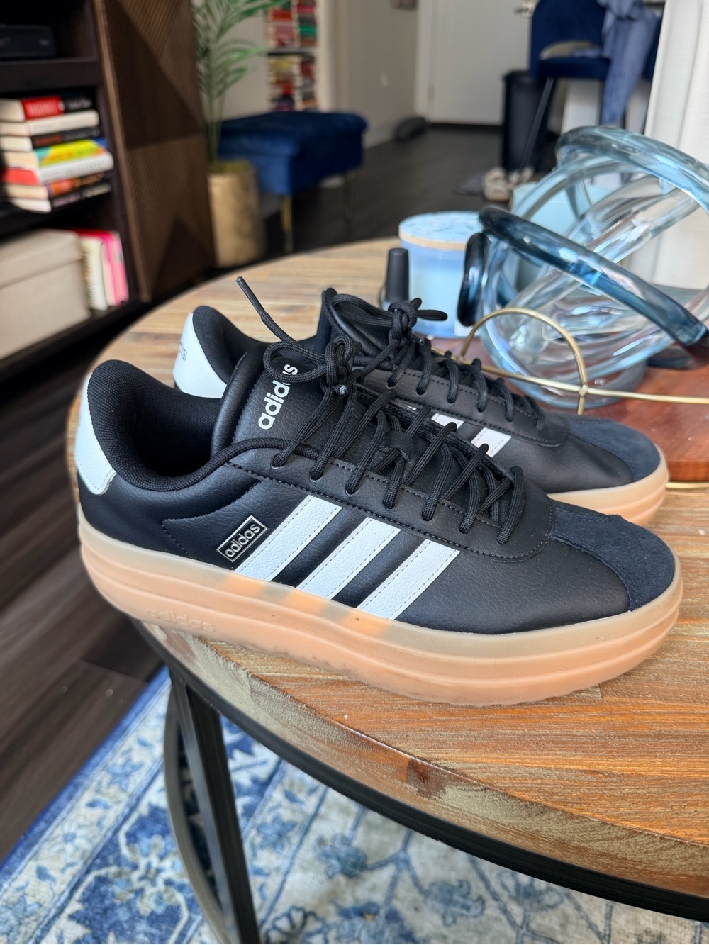 adidas Black Sneakers with White Stripes and Gum Platform Sole